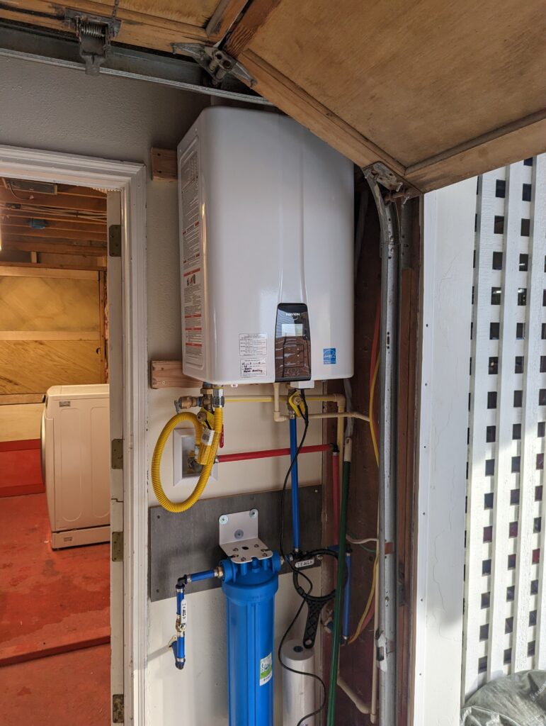 Navien tankless water heater installed in a Burlington, WA garage